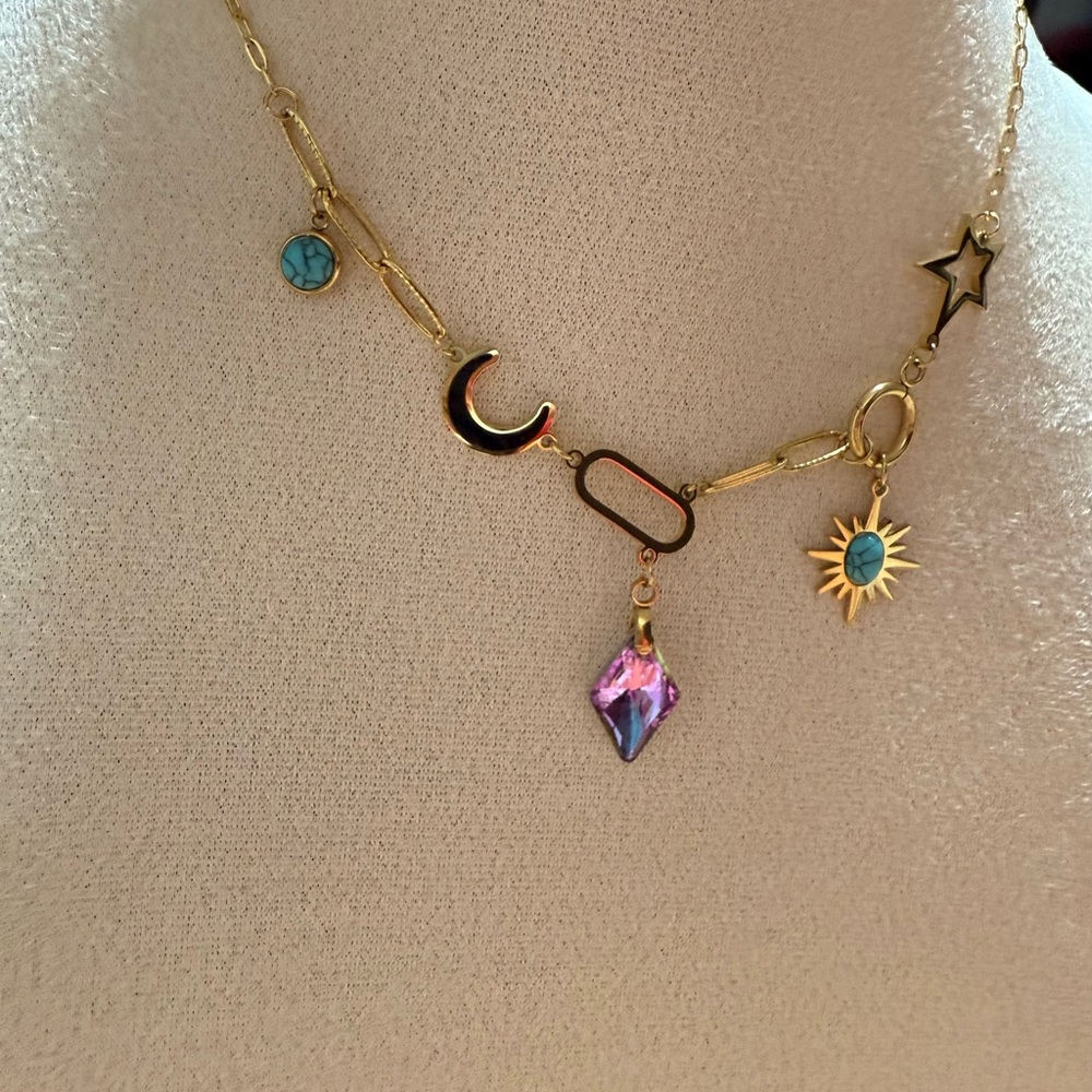 Gold Charm Necklace with Turquoise and Pink Accents